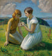 To unge piger med en sommerfugl - Harold Harvey — visning af kunstværket