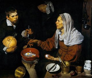 En gammel kvinde, der laver æg - Diego Velázquez — visning af kunstværket