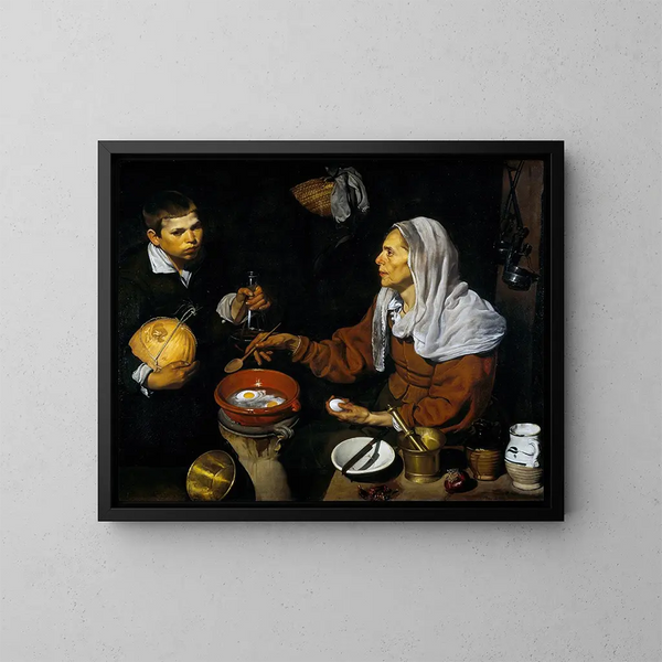 En gammel kvinde, der laver æg - Diego Velázquez — indrammet kunstværk på væggen