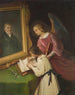 Pige med en værge, der skriver foran et maleri af grundlæggeren Ph. Merian - Dionys Ganter — visning af kunstværket