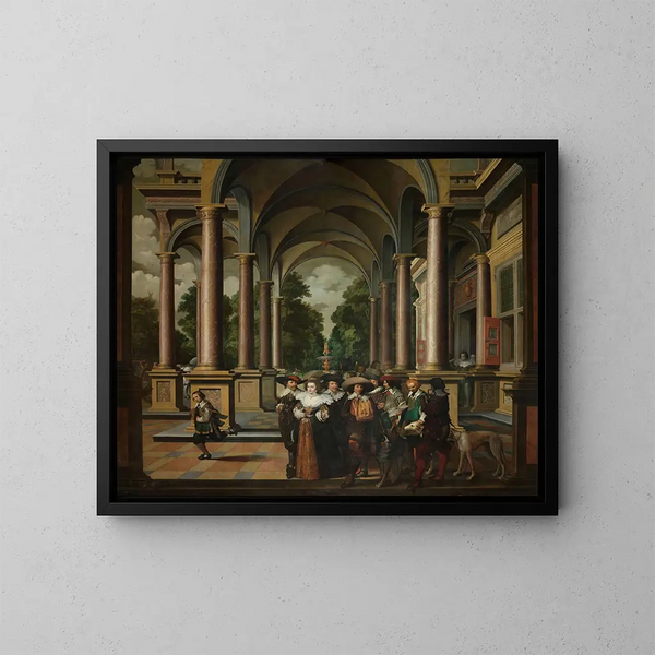 Galerie d'un palais med ornamenteret arkitektur og kolonner - Dirck van Delen — indrammet kunstværk på væggen