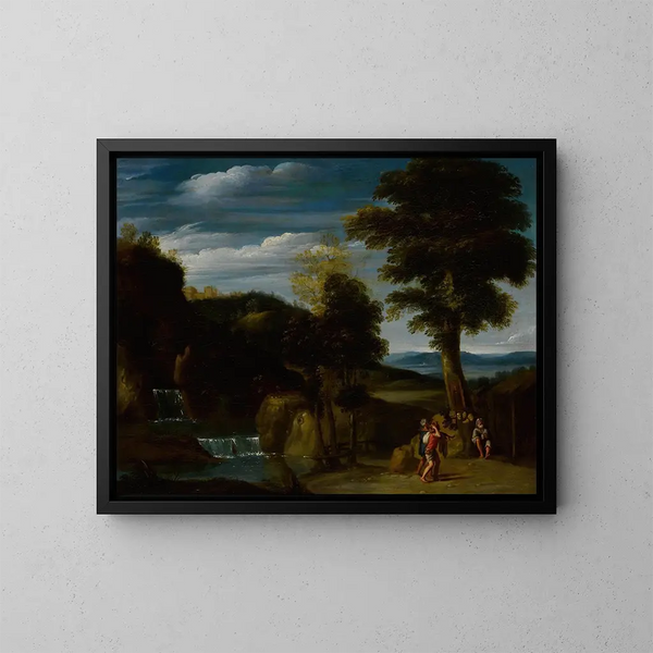 Landskabsmaleri med en eremit - Domenichino — indrammet kunstværk på væggen