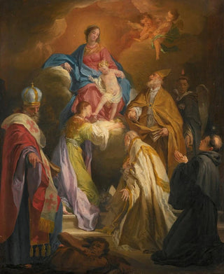 Domenico Corvi - The Madonna And Child Attended By Saints And Bishops.webp