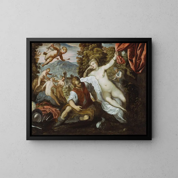 Vénus og Mars med Cupidon og de Tre Gracer i et landskab - Domenico Tintoretto — indrammet kunstværk på væggen