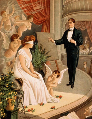 Donalson Lith Co - Hypnotist and blindfolded woman with angels on stage.webp