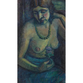 Dorothea MaetzelJohannsen - Selbstportrt in Blau Halbakt mit Perlenkette.webp