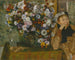 En kvinde sidder ved siden af en vase med blomster - Edgar Degas — visning af kunstværket