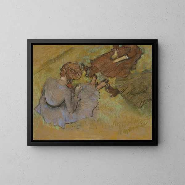Kvinder sidder på græsset - Edgar Degas — indrammet kunstværk på væggen