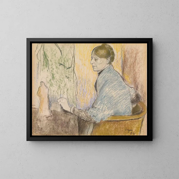 Madame Henri Rouart i en lænestol foran et lille bord med en Tanagra-statuette - Edgar Degas — indrammet kunstværk på væggen