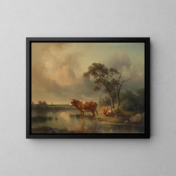 Rastende Khe ved Dam 1854 - Edmund Mahlknecht — indrammet kunstværk på væggen