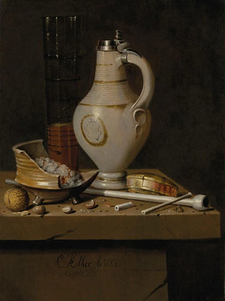 Edwaert Collier - A toebakje still life of smoking utensils a jug and a tall glass partly filled with beer.webp