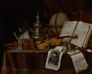 naturtro maleri med vanitas-motiv, inklusive en violin, en sølv-rygende, en globus, et sværd, en smykkeskrin og manuskripter - Edwaert Collier — visning af kunstværket