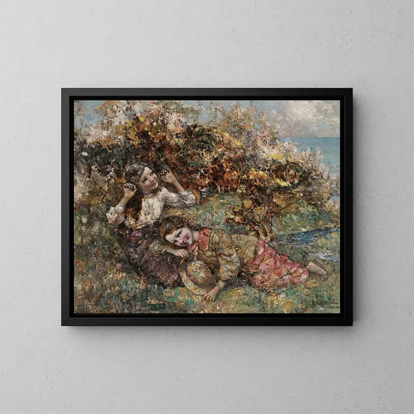 Filles cueillant des fleurs sauvages - Edward Atkinson Hornel — indrammet kunstværk på væggen