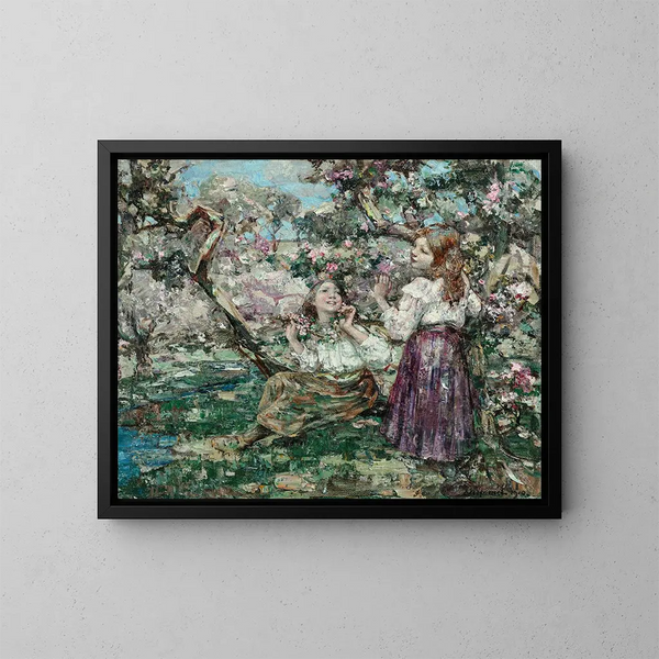 Filles parmi les fleurs - Edward Atkinson Hornel — indrammet kunstværk på væggen