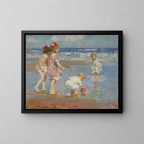 Børn, der leger i bølger - Edward Henry Potthast — indrammet kunstværk på væggen