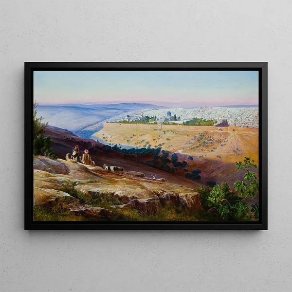 Jerusalem set fra Oliventræernes Bjerg - Edward Lear — indrammet kunstværk på væggen