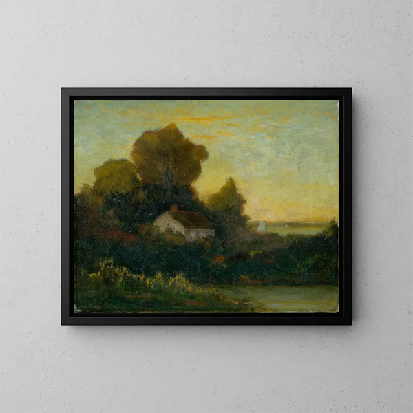 Maison uden titel i skoven nær søen - Edward Mitchell Bannister — indrammet kunstværk på væggen