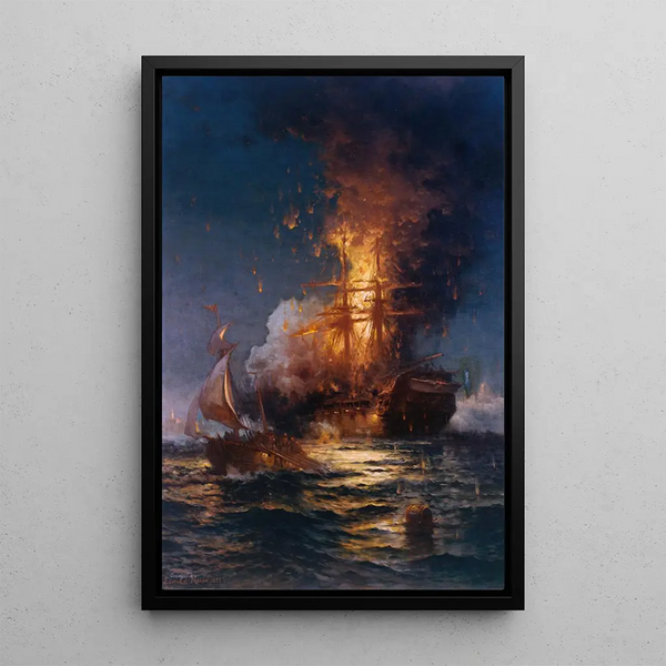 Reproduktion af maleriet af flammerne fra fregatten Philadelphia i Tripoli havn - Edward Moran