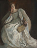 Dame i hvid sidende, højre hånd ved hagen, holder en vifte - Edwin Austin Abbey — visning af kunstværket