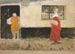 Studie af gadebillede med mand ved døren og kvinde i rød kjole - Edwin Austin Abbey — visning af kunstværket