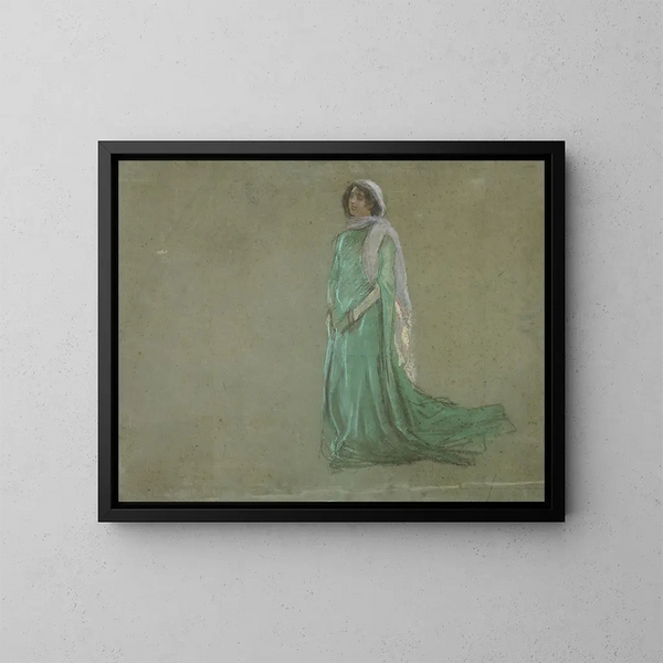Studie af en kvinde i lang grøn kjole og lyserødt tørklæde - Edwin Austin Abbey — indrammet kunstværk på væggen