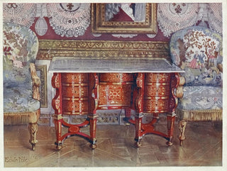 Edwin Foley - Kneehole writing table in red tortoiseshell Lacquer steel top Boulle Gilt fauteuils upholstered in tapestry.webp