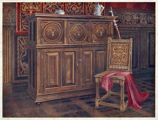 Edwin Foley - Oak cabinet with circular convex panels Walnut chair chaise sans bras with interlaced floral ornament on the back.webp