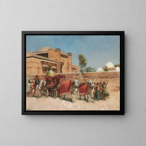 En bryllupsprocesion foran et palads i Rajasthan - Edwin Lord Weeks — indrammet kunstværk på væggen