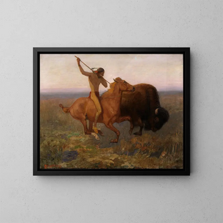 Indianjæger med bison - Edwin Willard Deming — indrammet kunstværk på væggen