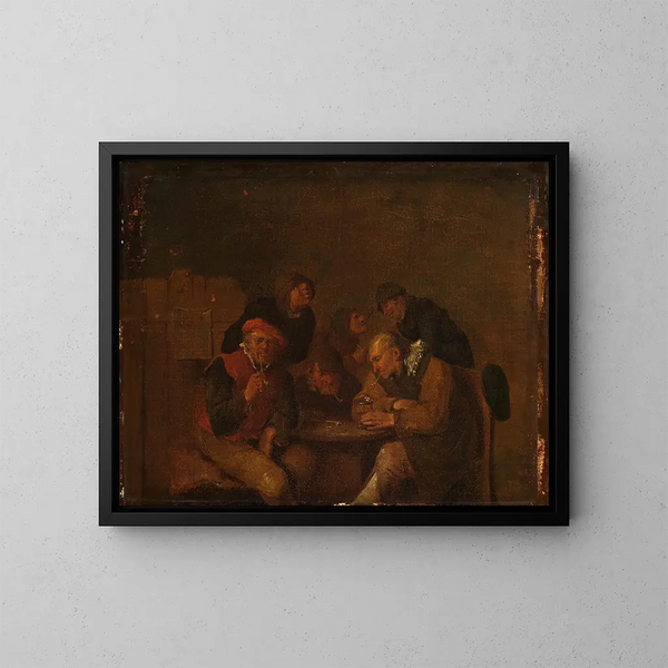 Seks mænd, der drikker og ryger i en salon - Egbert van Heemskerck — indrammet kunstværk på væggen