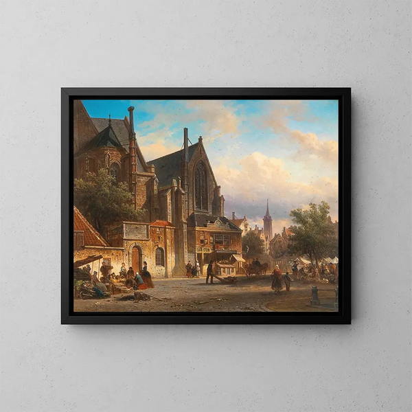 En scene fra et hollandsk marked - Elias Pieter van Bommel — indrammet kunstværk på væggen