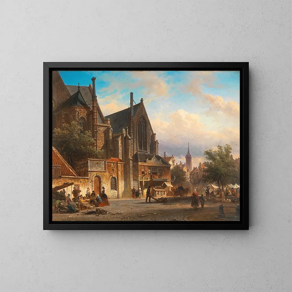 Vue d'un marché néerlandais - Elias Pieter van Bommel — indrammet kunstværk på væggen