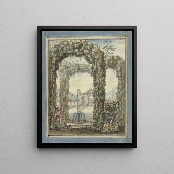 Elias van Nijmegen - Ontwerp voor een kamerbeschildering met stenen bogen met een fontein en zicht op een tuin.webp