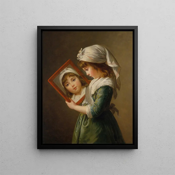Julie Le Brun, der ser sig selv i et spejl - Elisabeth Louise Vigée Le Brun — indrammet kunstværk på væggen