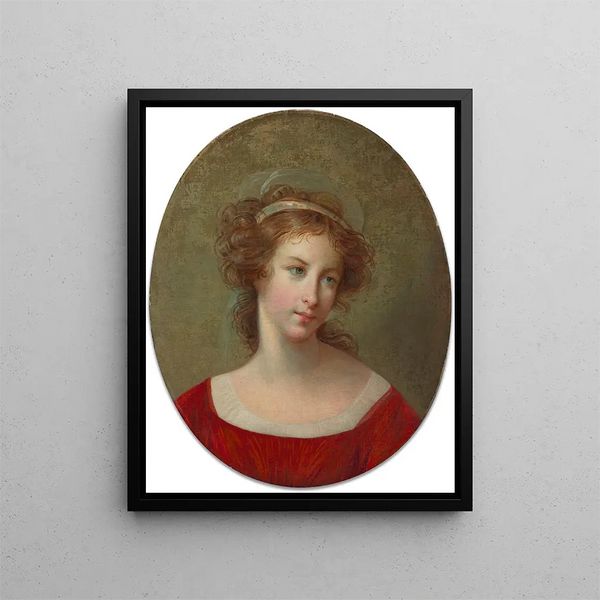Portræt af kvinde i rød kjole - Elisabeth Louise Vigée Le Brun — indrammet kunstværk på væggen