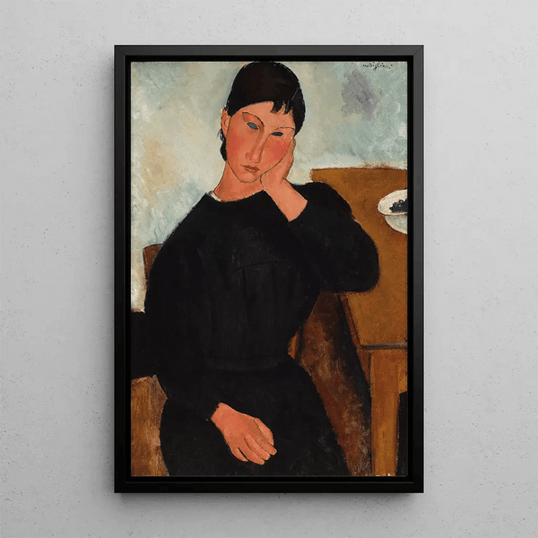 Reproduktion af maleriet Elvire siddende, hvilende på et bord - Amedeo Modigliani