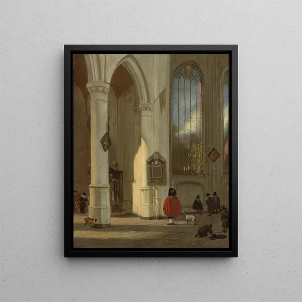 det indre af den gamle Delft-kirke - Emanuel de Witte — indrammet kunstværk på væggen