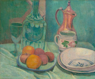 Emile Bernard - Nature morte carafe verre fruits assiettes tasse et cafetire.webp