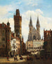 udsigten over den gamle bydel i Prag med kirken Notre-Dame-de-l'Assomption og det astronomiske ur - Émile Pierre Joseph de Cauwer — visning af kunstværket