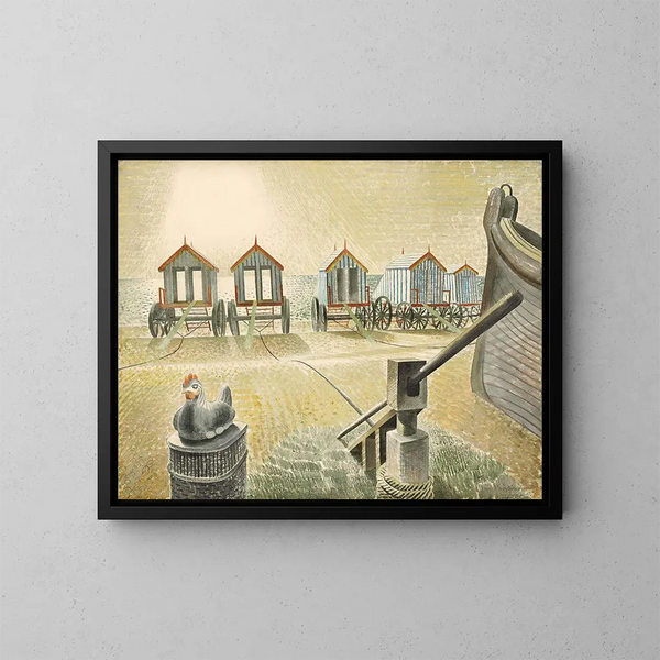 badebade maskiner i Aldeburgh - Eric Ravilious — indrammet kunstværk på væggen