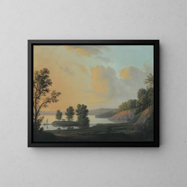 Vue du manoir de Dronninggaard à travers le lac Fure, Zealand du Nord - Erik Pauelsen — indrammet kunstværk på væggen