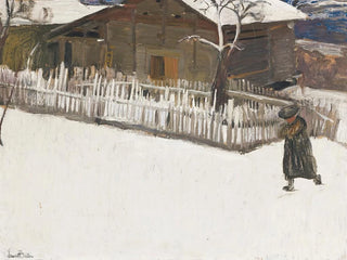 Vinterlandskab foran en mazot - Ernest Bieler — visning af kunstværket