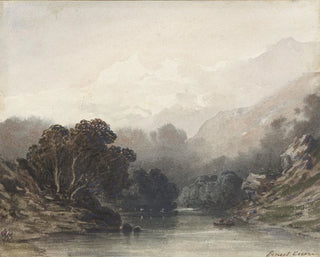Lac de montagne à l'ombre des sombres arbres, avec des collines claires og des sommets enneigés - Ernest Ciceri — visning af kunstværket