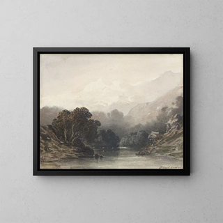 Lac de montagne à l'ombre des sombres arbres, avec des collines claires og des sommets enneigés - Ernest Ciceri — indrammet kunstværk på væggen