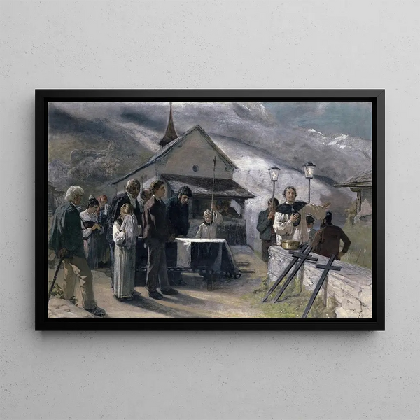 "Les funérailles après le glissement de terrain de Spiringen Uri 1887" af Ernst Stückelberg — indrammet kunstværk på væggen