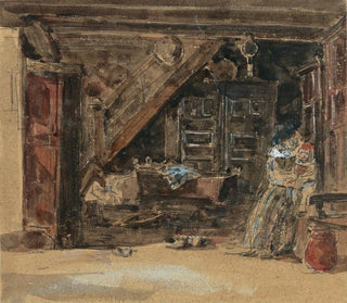 Indendørs Breton-maleri, akvarel - Eugène Boudin — visning af kunstværket