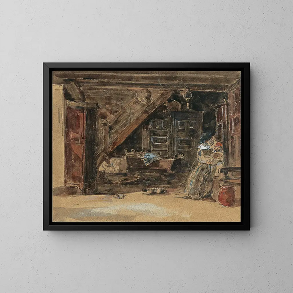 Indendørs Breton-maleri, akvarel - Eugène Boudin — indrammet kunstværk på væggen