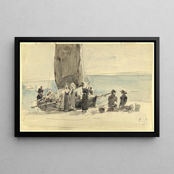 Lastning af både - Eugène Boudin — indrammet kunstværk på væggen