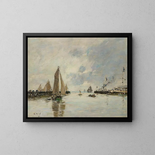 Trouville-maleri, havnepromenader ved højvande - Eugène Boudin — indrammet kunstværk på væggen