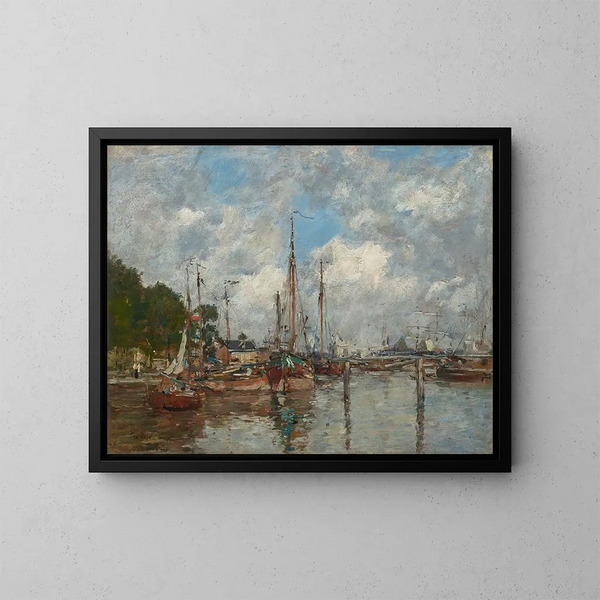 Et hjørne af havnen i Trouville - Eugène Boudin — indrammet kunstværk på væggen